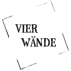 Logo des Vereins VierWänede e.V. Zeigt angedeutet ein gedrehtes Viereck, ähnlich einem Grundriss einer Wohnung. In der MItte ist der Schriftzug "Vier Wände" zu lesen