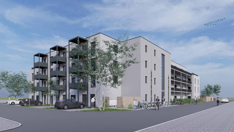 Eine 3D Bild des geplanten Gebäudes von der gegenüberliegenden Straßenseite aus betrachtet. Es zeigt ein Haus mit Laubengängen auf der rechten Seite und drei Reihen Balkone auf der linken Seite. Unten stehen Autos und Fahrräder vor dem Gebäude.